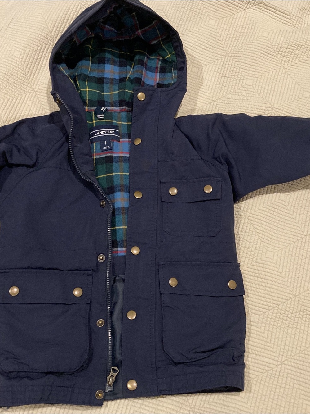 Lands' End Dark Navy Hooded Jacket with Green & Blue Plaid Lining
